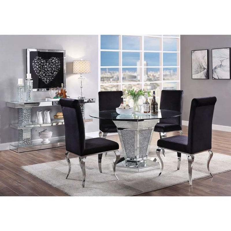 Noralie - Dining Table - Mirrored, Faux Diamonds & Clear Glass Top by Unique Piece Furniture
