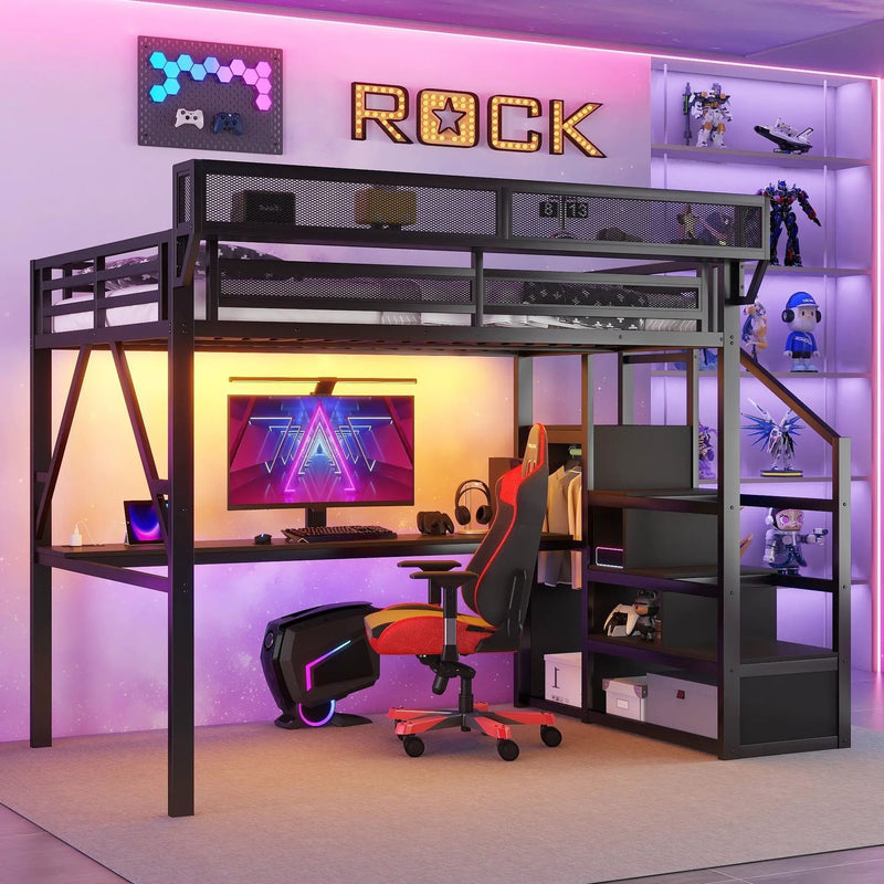 Loft Bed With Desk And Charging Station With Stairs And Light by Unique Piece Furniture
