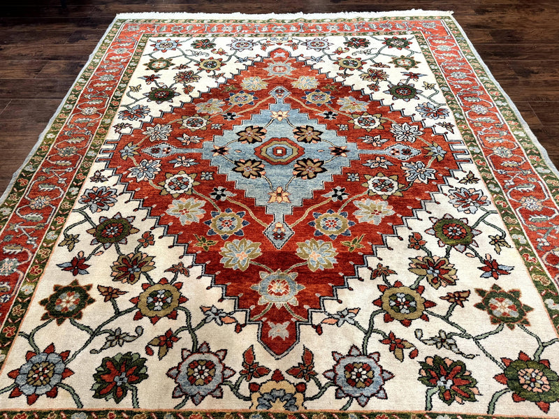Indo Persian Heriz Rug 7x9, Geometric Pattern, Cream & Light Red, Handmade Vintage Wool Carpet by Jewel Rugs
