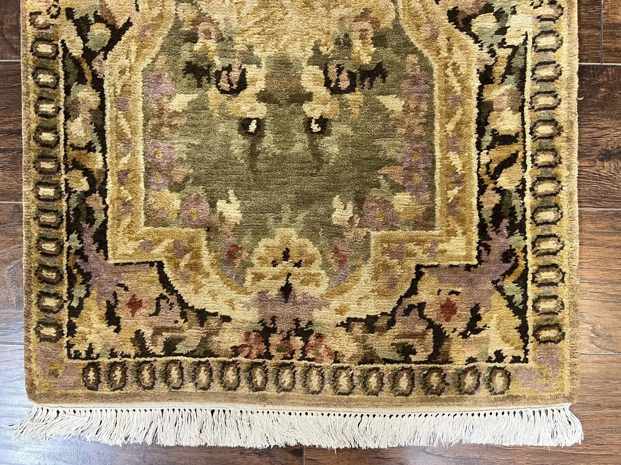 Tibetan Runner Rug 2.6 x 10, French Aubusson Pattern, Gold Olive Green, Vintage Handmade European Design, Wool Hallway Rug by Jewel Rugs