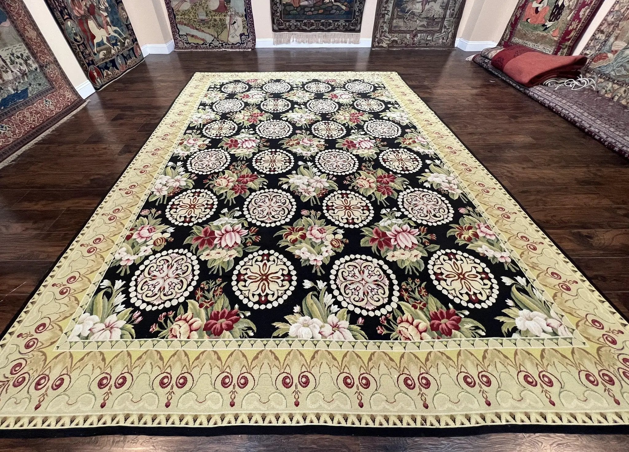 9x12 Black Needlepoint Rug, European Floral Panel Design, Handwoven, Vintage Chinese Needlepoint, Black Green Beige, Wool Rug 9 x 12 by Jewel Rugs