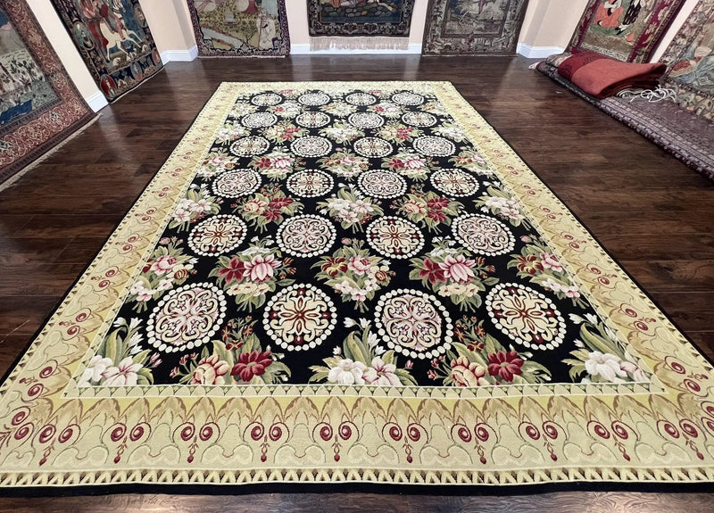 9x12 Black Needlepoint Rug, European Floral Panel Design, Handwoven, Vintage Chinese Needlepoint, Black Green Beige, Wool Rug 9 x 12 by Jewel Rugs