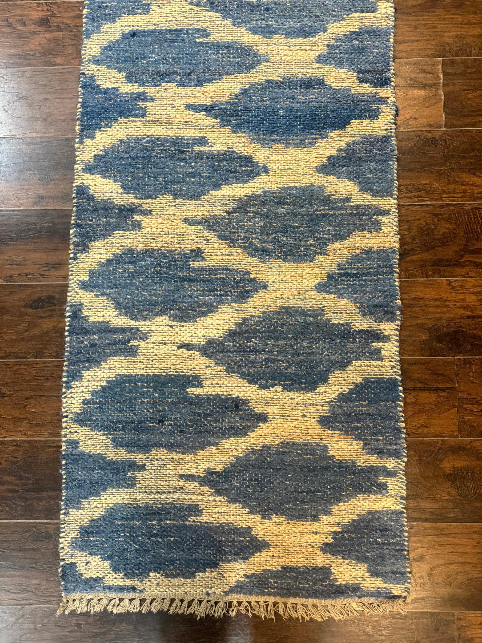 Modern Jute Runner Rug 2.9 x 7.9, Beige and Blue, Handwoven, Kaleen Rug by Jewel Rugs