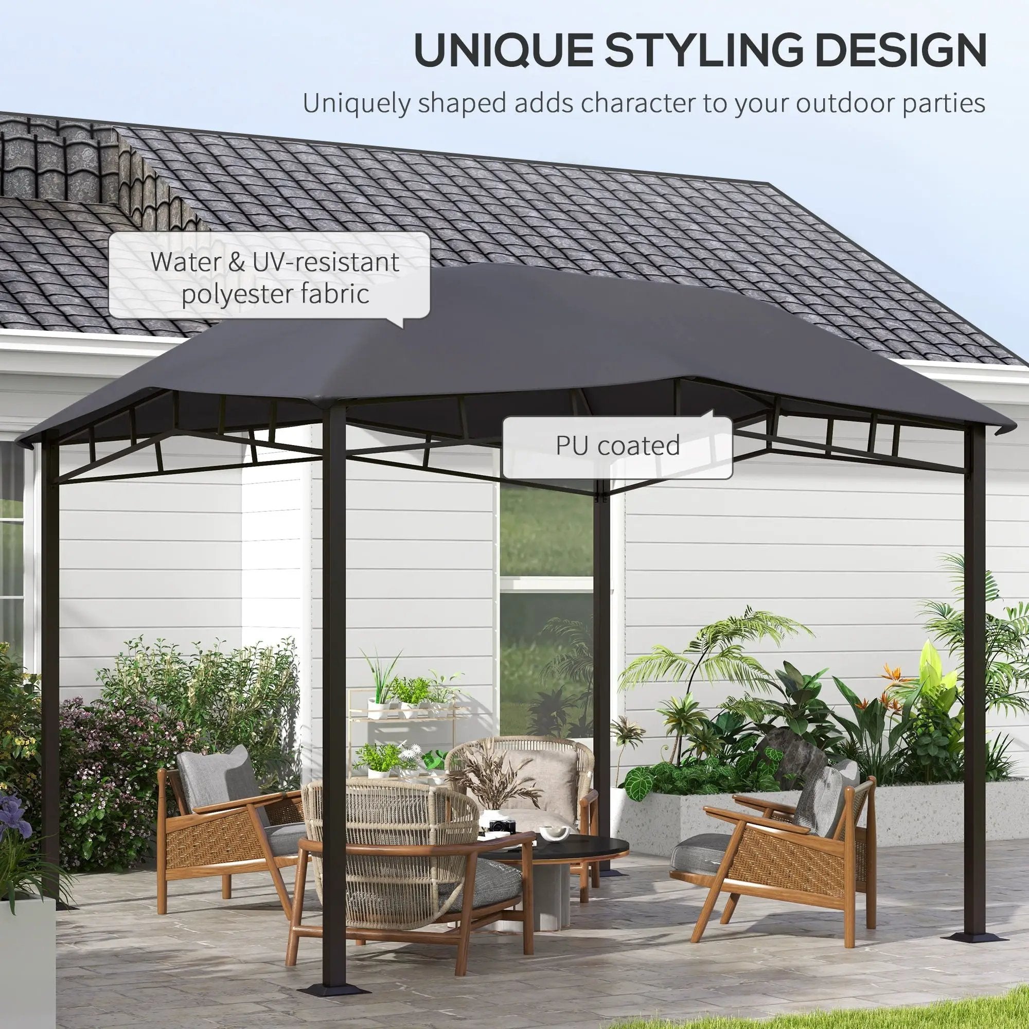 Outsunny - 10' x 10' Soft Top Patio Gazebo Outdoor Canopy With Unique Geometric Design Roof, All-Weather Steel Frame - Gray by HouseOfZazla