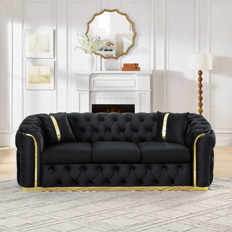 Button Tufted Couch With 2 Pillows, 3 Seater Luxury Chesterfield Sofa by Unique Piece Furniture