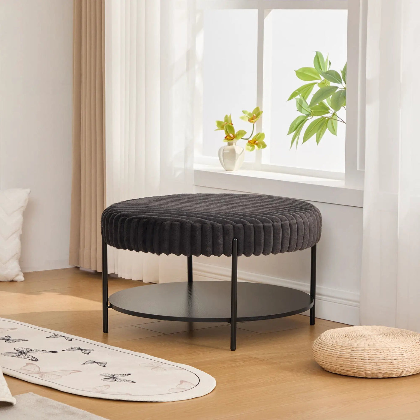 Modern Upholstered Round Ottoman Coffee Table With Storage Shelf by Unique Piece Furniture