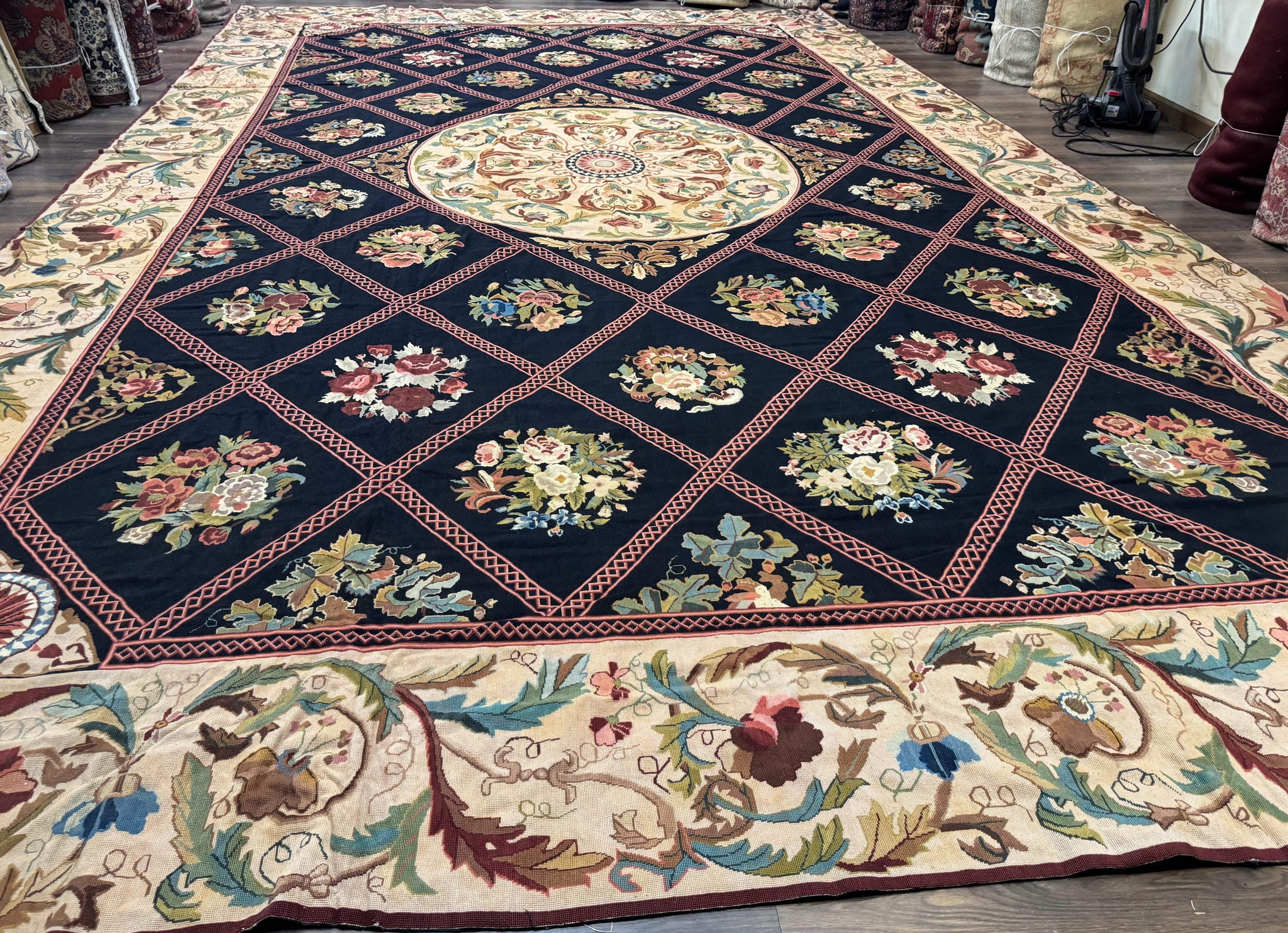 Palace Size Needlepoint Rug 12x20, European French English Aubusson Floral Design, Black and Beige by Jewel Rugs