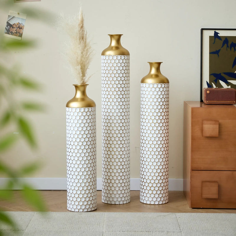 3-Piece Modern Metal Vase Set - White & Gold by HouseOfZazla