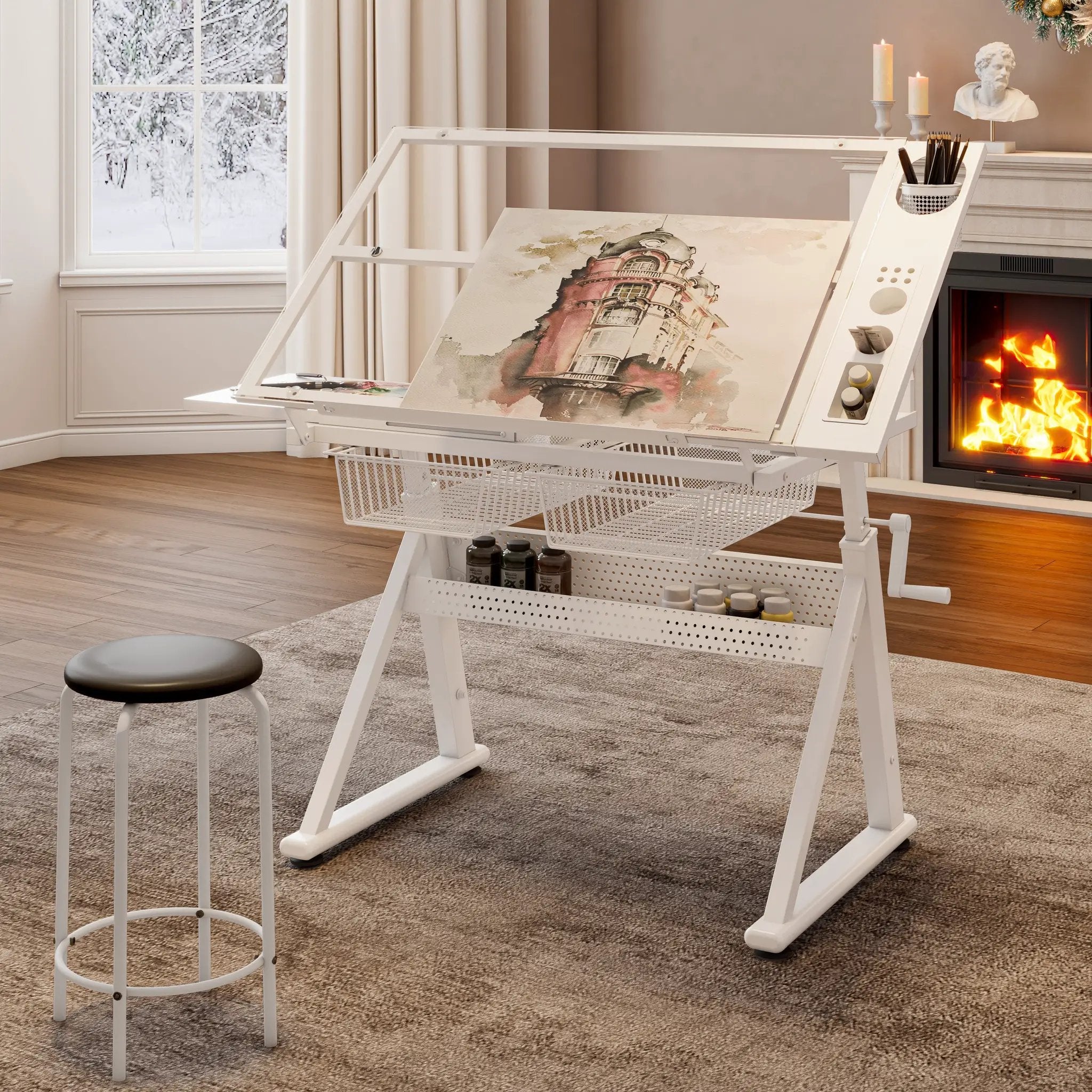 Hand Crank Adjustable Tempered Glass Drafting Table with Chair by HouseOfZazla