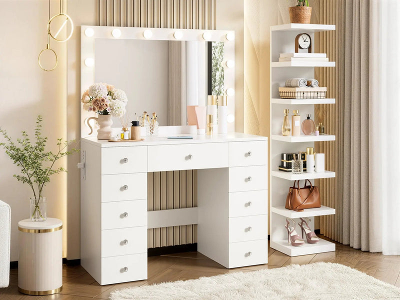 Vanity Desk with 11 Hollywood Bulbs & 7-Tier Storage Shelves by HouseOfZazla