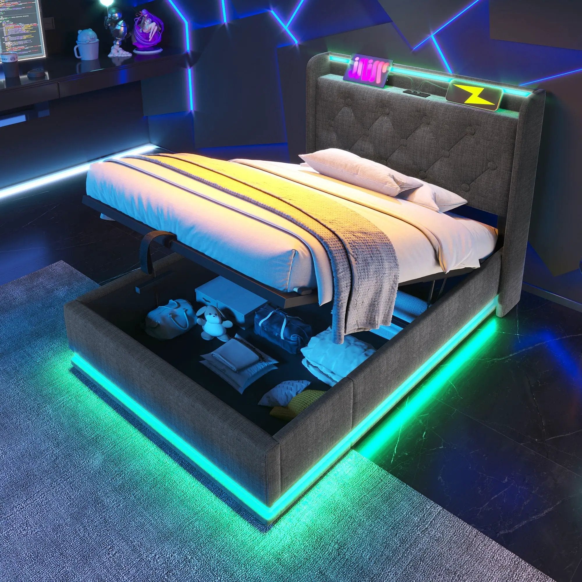 Upholstered Bed, 360 Surround LED Function, Remote Control, Hydraulic Storage Bed With USB, Type-C Charging (Without Mattress) by HouseOfZazla