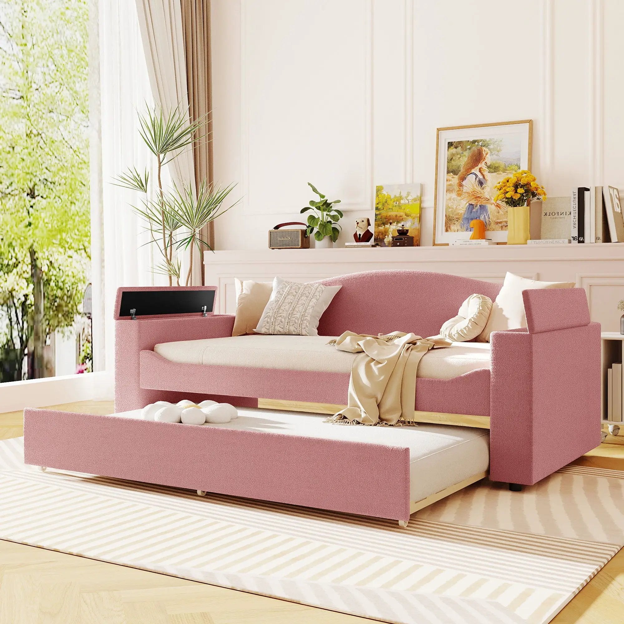 Upholstered Daybed With Storage Armrests, Trundle And Latest Integrated tooth Audio System by Unique Piece Furniture