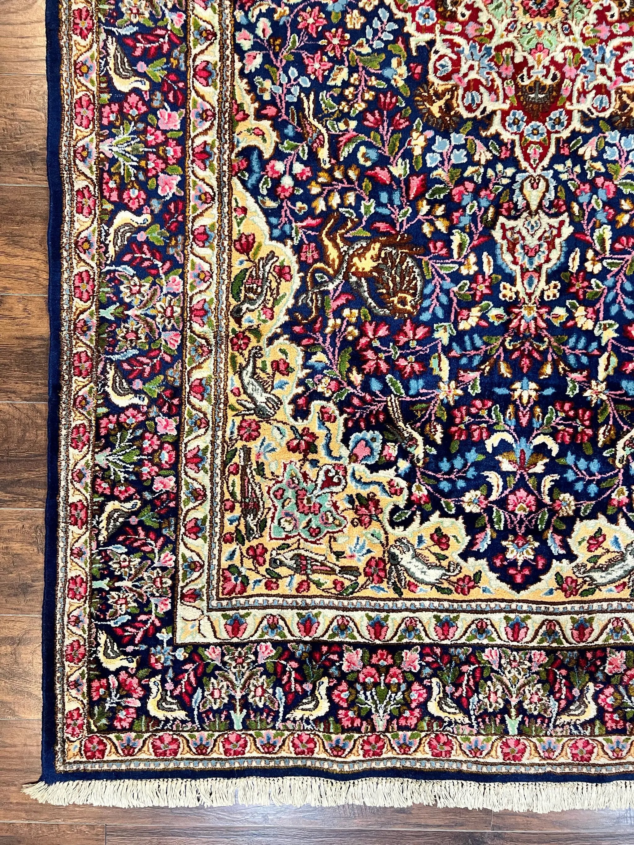 Persian Kirman Rug 6x9, Floral Medallion Vintage Wool Handmade Carpet 6 x 9, Animal Pictorials Birds, Semi Antique, Navy Blue, Millefleur by Jewel Rugs