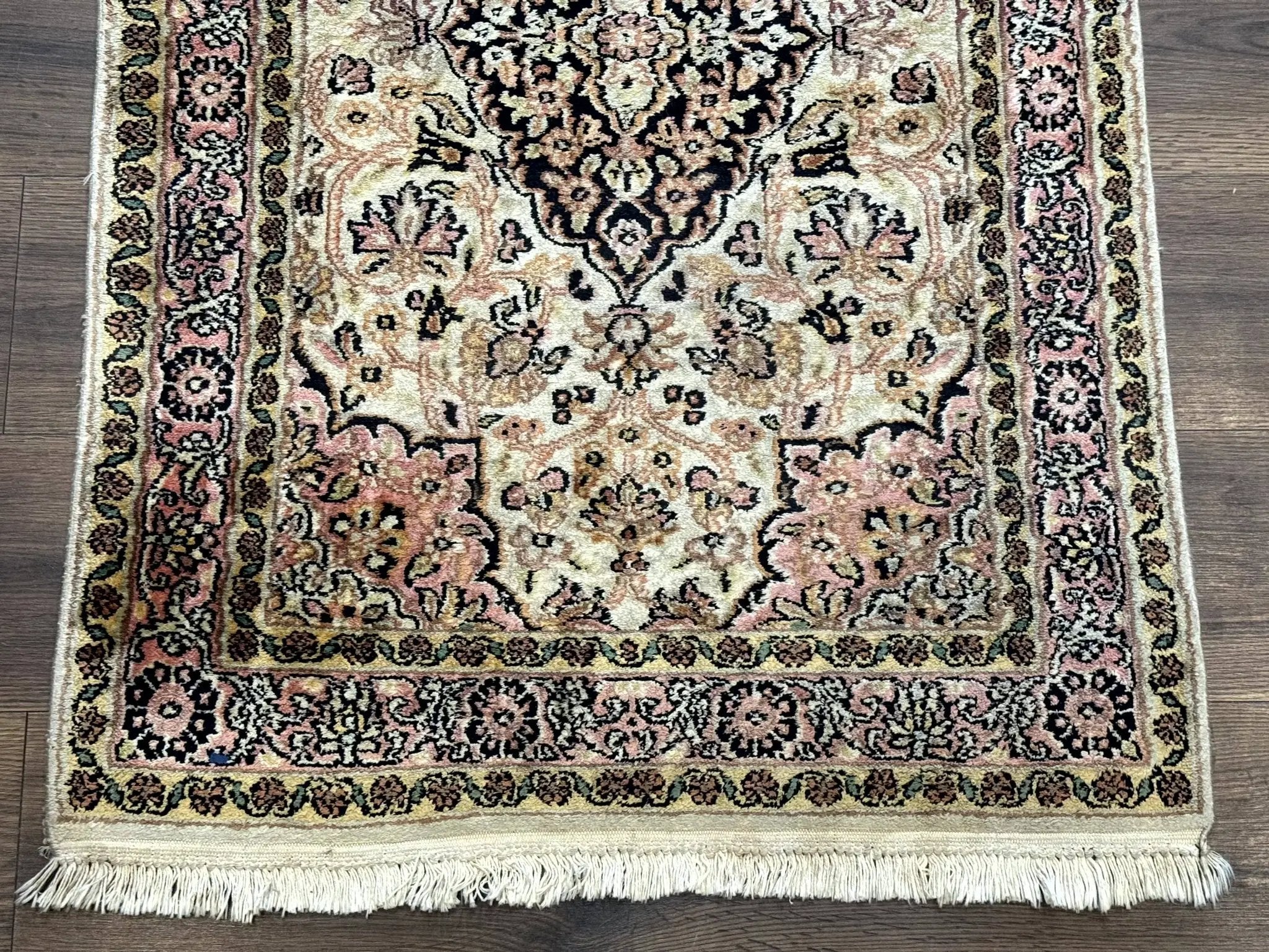 Silk Indian Kashmiri Runner Rug 2.7 x 9.8, Floral Medallions by Jewel Rugs
