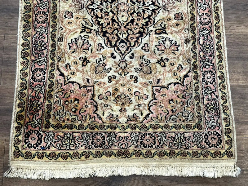 Silk Indian Kashmiri Runner Rug 2.7 x 9.8, Floral Medallions by Jewel Rugs