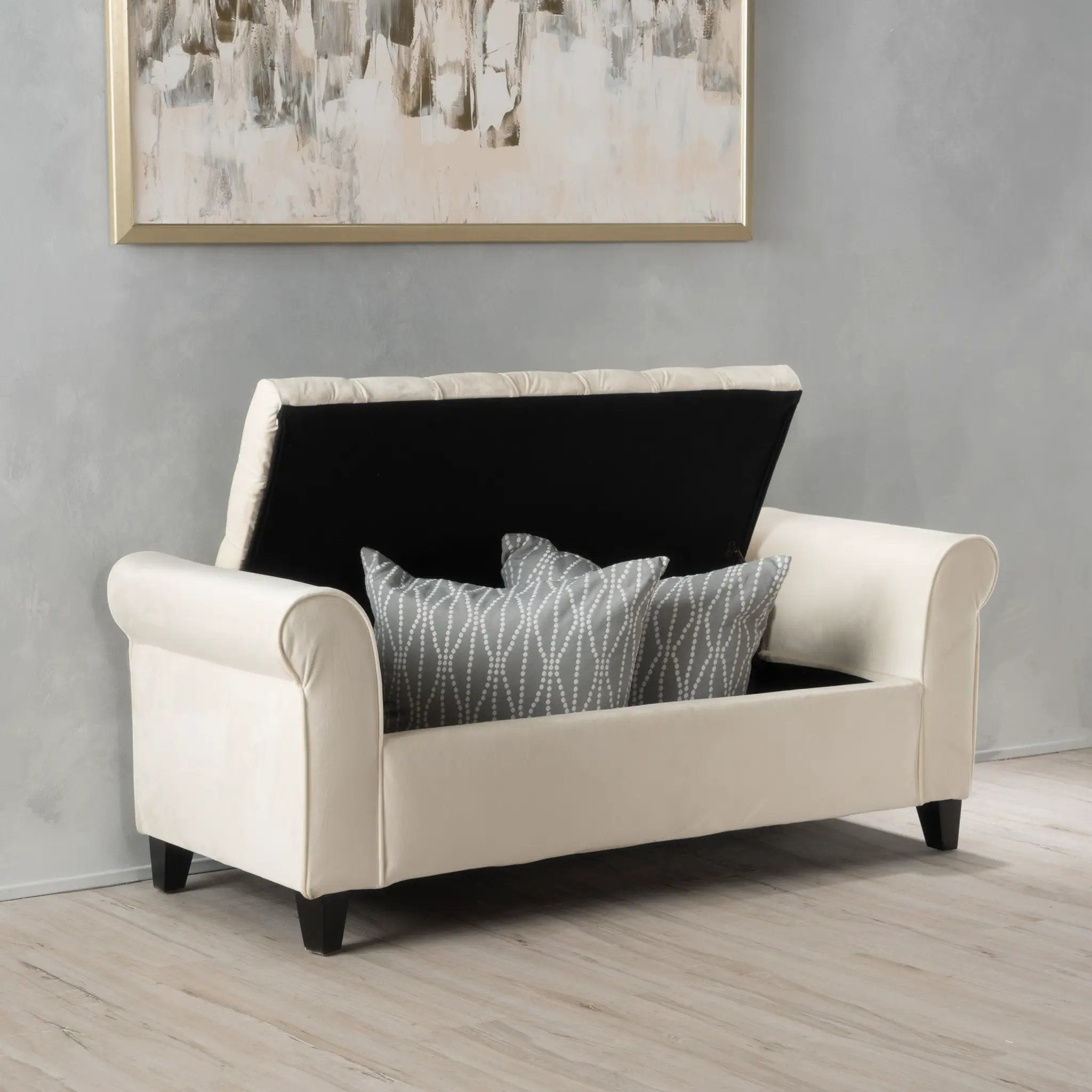 Ivory Fabric Storage Bench with Rolled Arms by HouseOfZazla