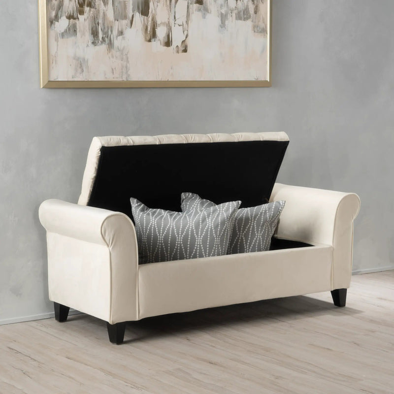 Ivory Fabric Storage Bench with Rolled Arms by HouseOfZazla