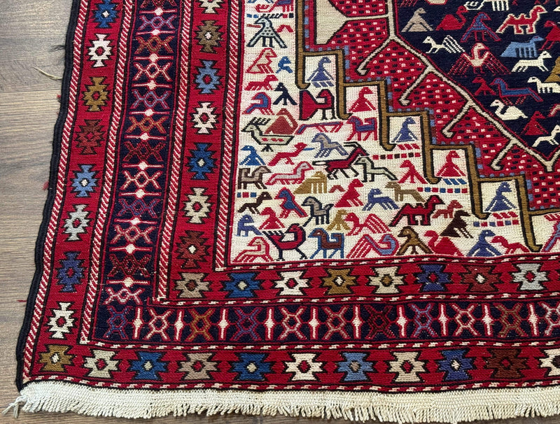 Persian Soumak Kilim Rug 4x6, Triple Medallions Tribal Pictorials, Caucasian Azerbaijani Kilim by Jewel Rugs