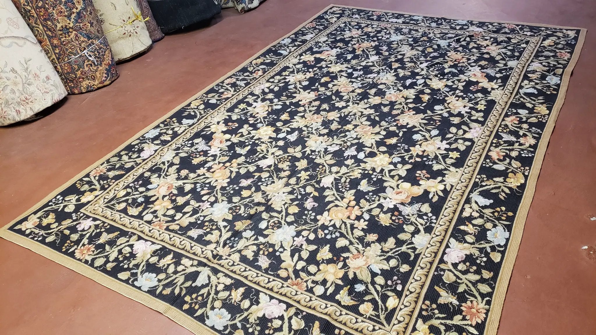 6x9 Vintage Needlepoint Rug, Petitepoint Carpet, Butterflies Floral Design by Jewel Rugs