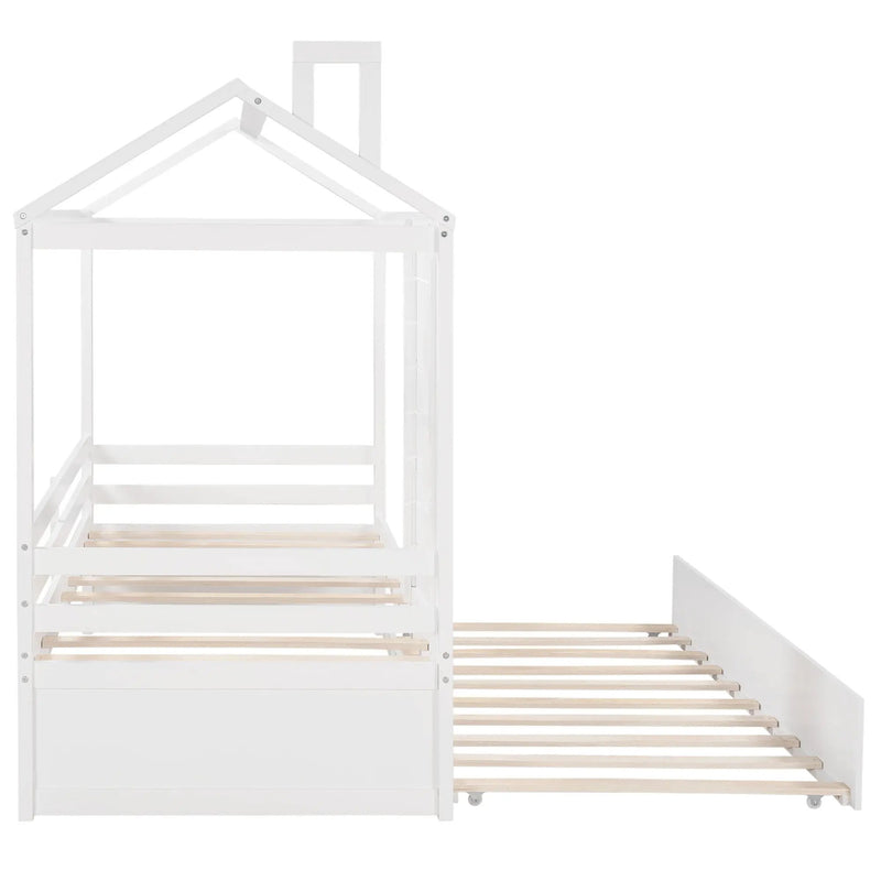 Twin Size Classic House Bed With Twin Size Trundle - White