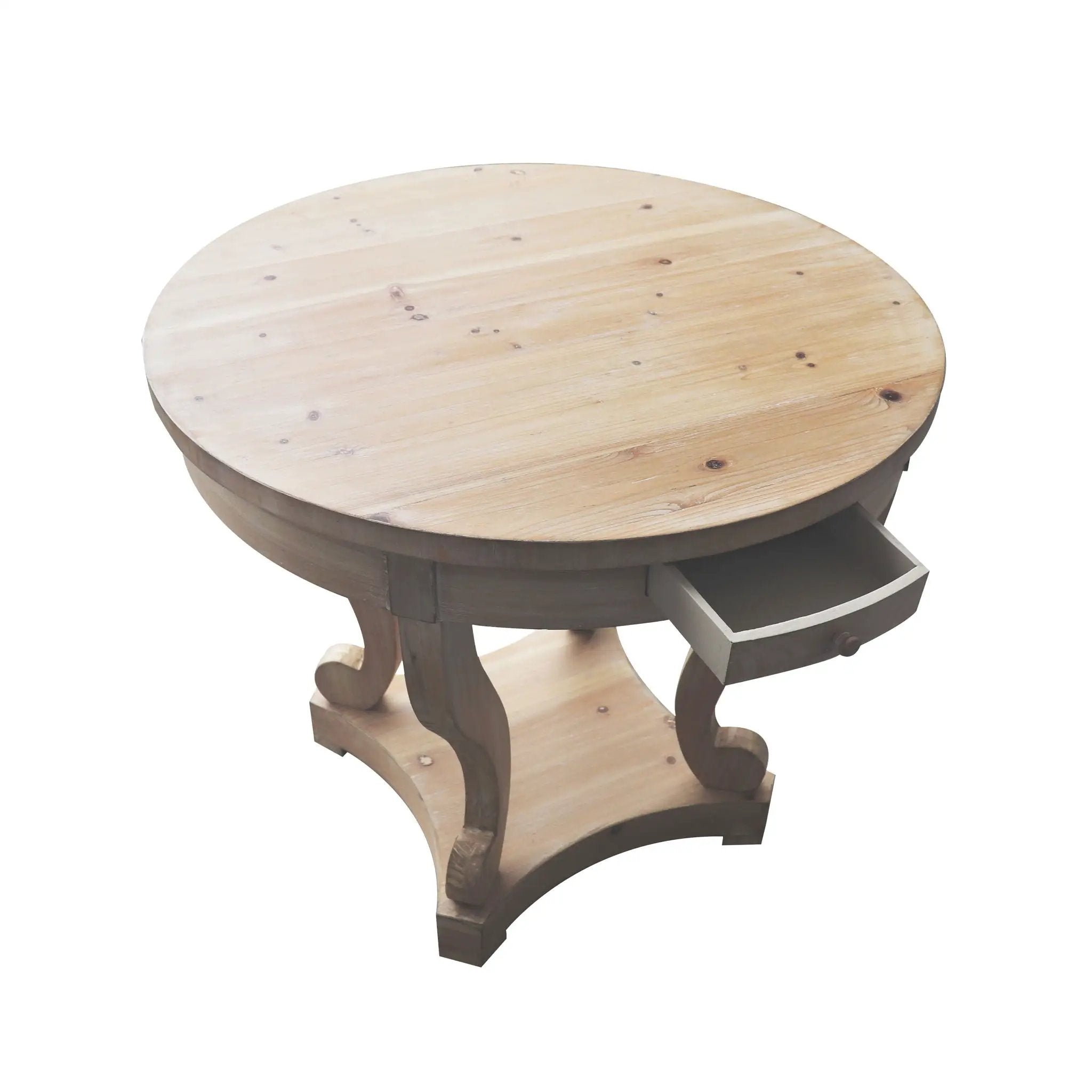 Curved Legs Farmhouse Style Small Size Round Dining Table End Table Side Table Coffee Table For Dinette, Kitchen, Dining Room Or Living Room - Natural Wood Grain Distressed by Unique Piece Furniture