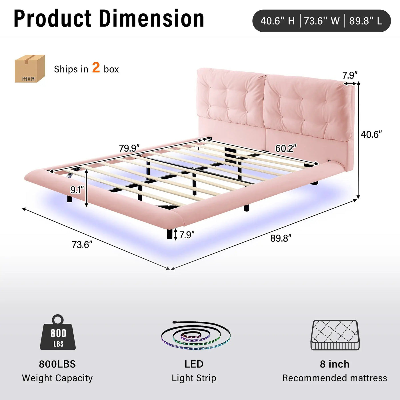 Queen Size Upholstered Floating Bed Frame with LED Lights by HouseOfZazla