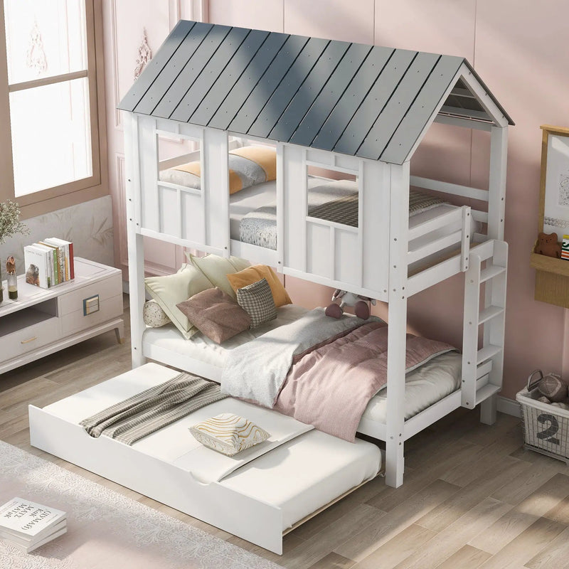 Twin Size House Bunk Bed With Trundle, Roof And Windows - White / Gray by Unique Piece Furniture