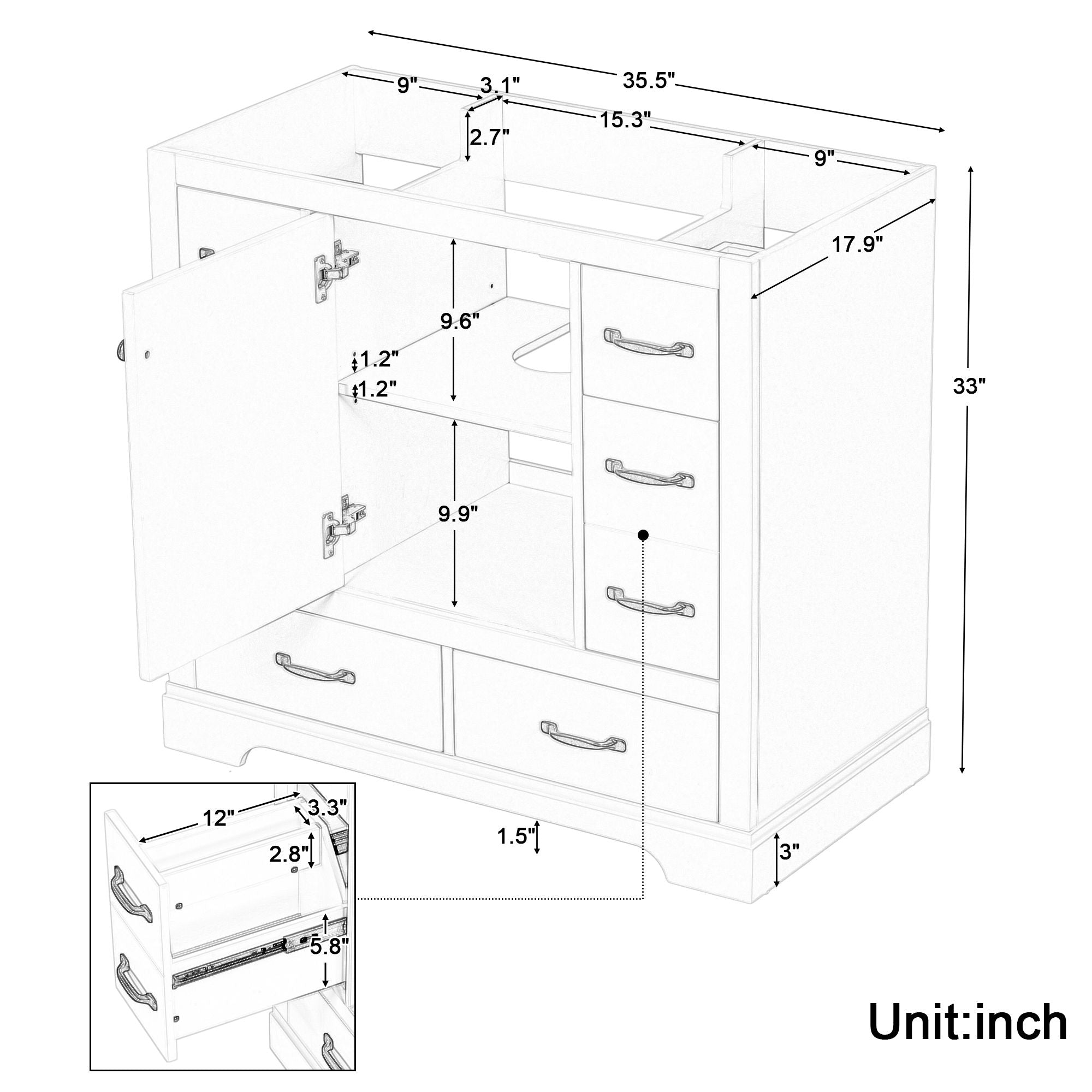 36" Bathroom Vanity Without Sink, Cabinet Base Only, 6 Drawers, Multi Functional Drawer Divider, Adjustable Shelf - Gray