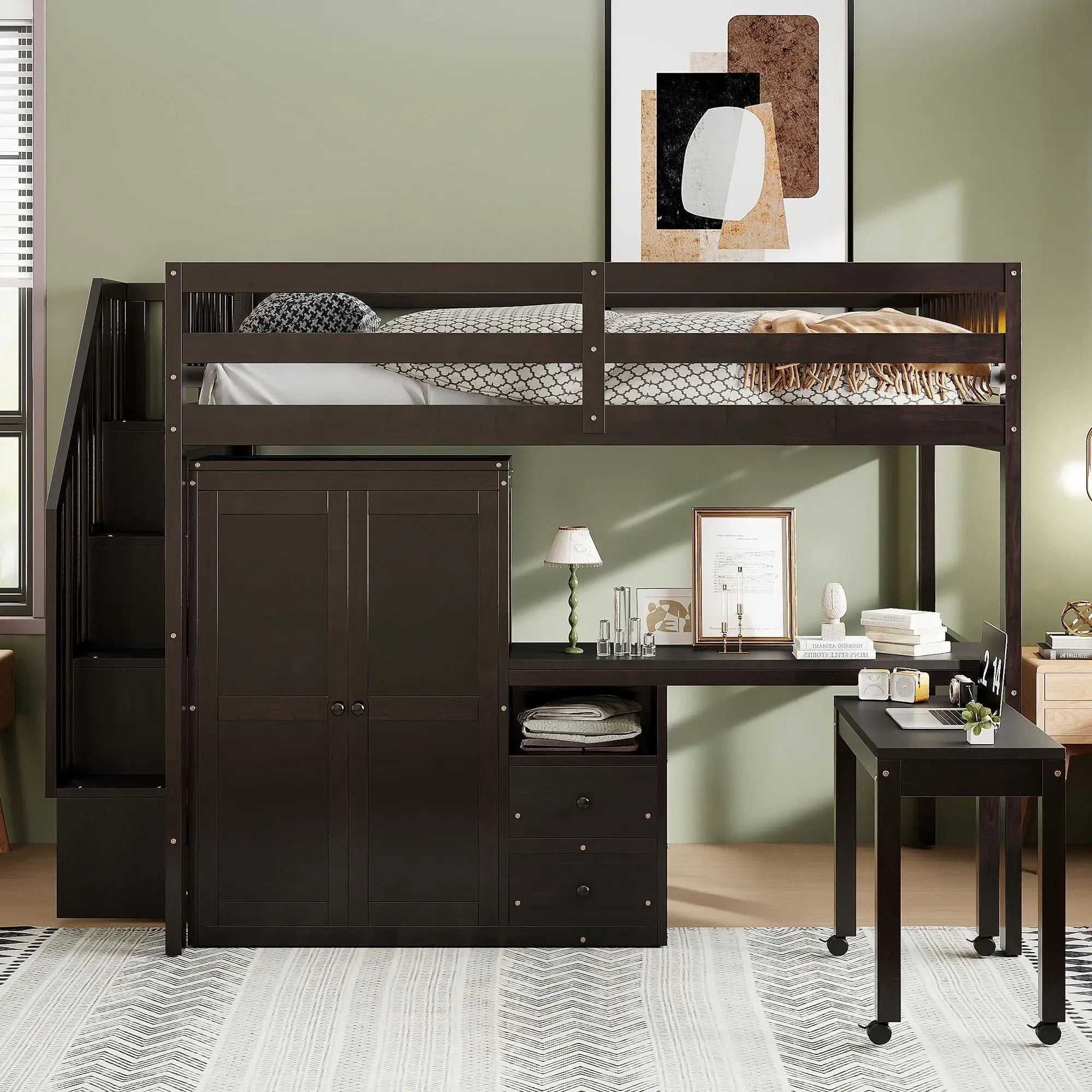 Loft Bed With Stairs, Bookshelf, Drawers, Desk & Wardrobe, Space Saving Multifunctional Furniture by HouseOfZazla
