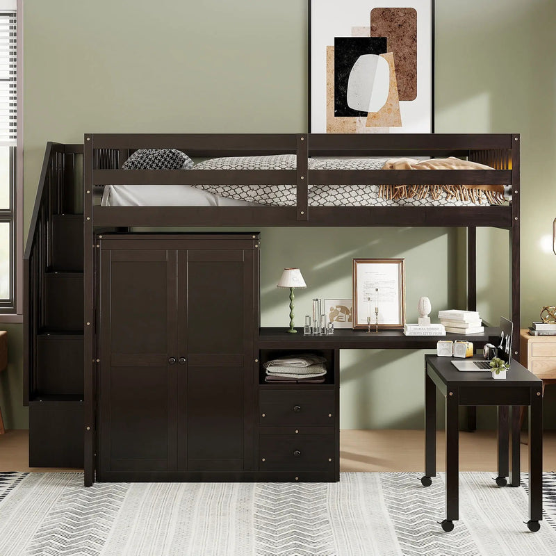 Loft Bed With Stairs, Bookshelf, Drawers, Desk & Wardrobe, Space Saving Multifunctional Furniture by HouseOfZazla