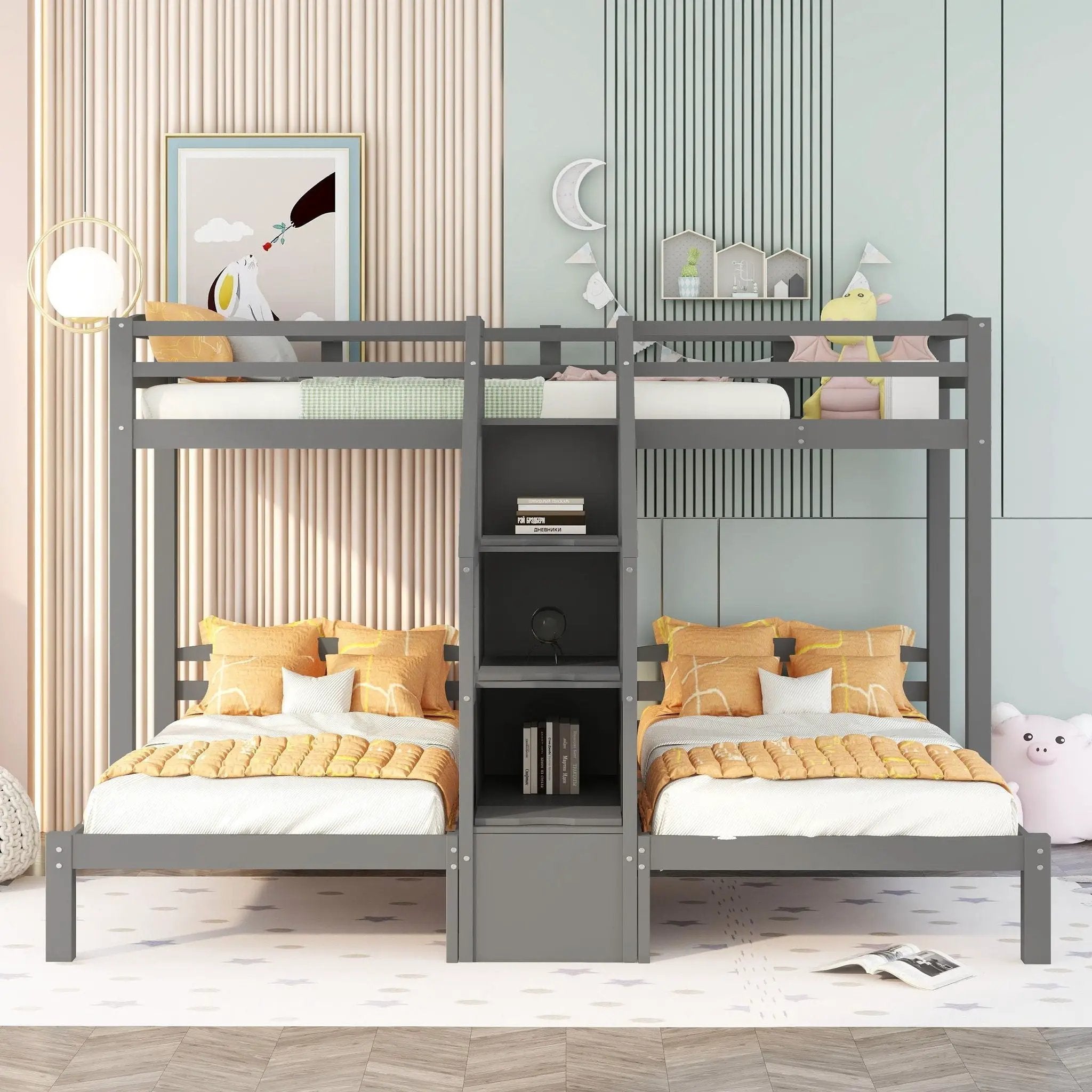 Twin Over Twin & Twin Bunk Bed With Built In Staircase And Storage Drawer - Gray by HouseOfZazla