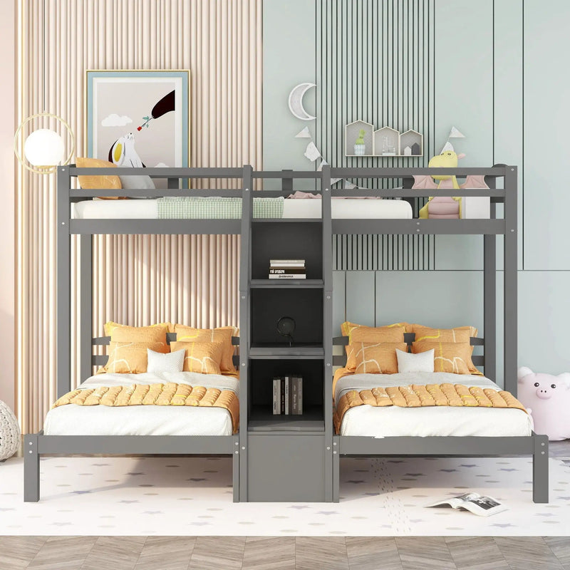 Twin Over Twin & Twin Bunk Bed With Built In Staircase And Storage Drawer - Gray by HouseOfZazla