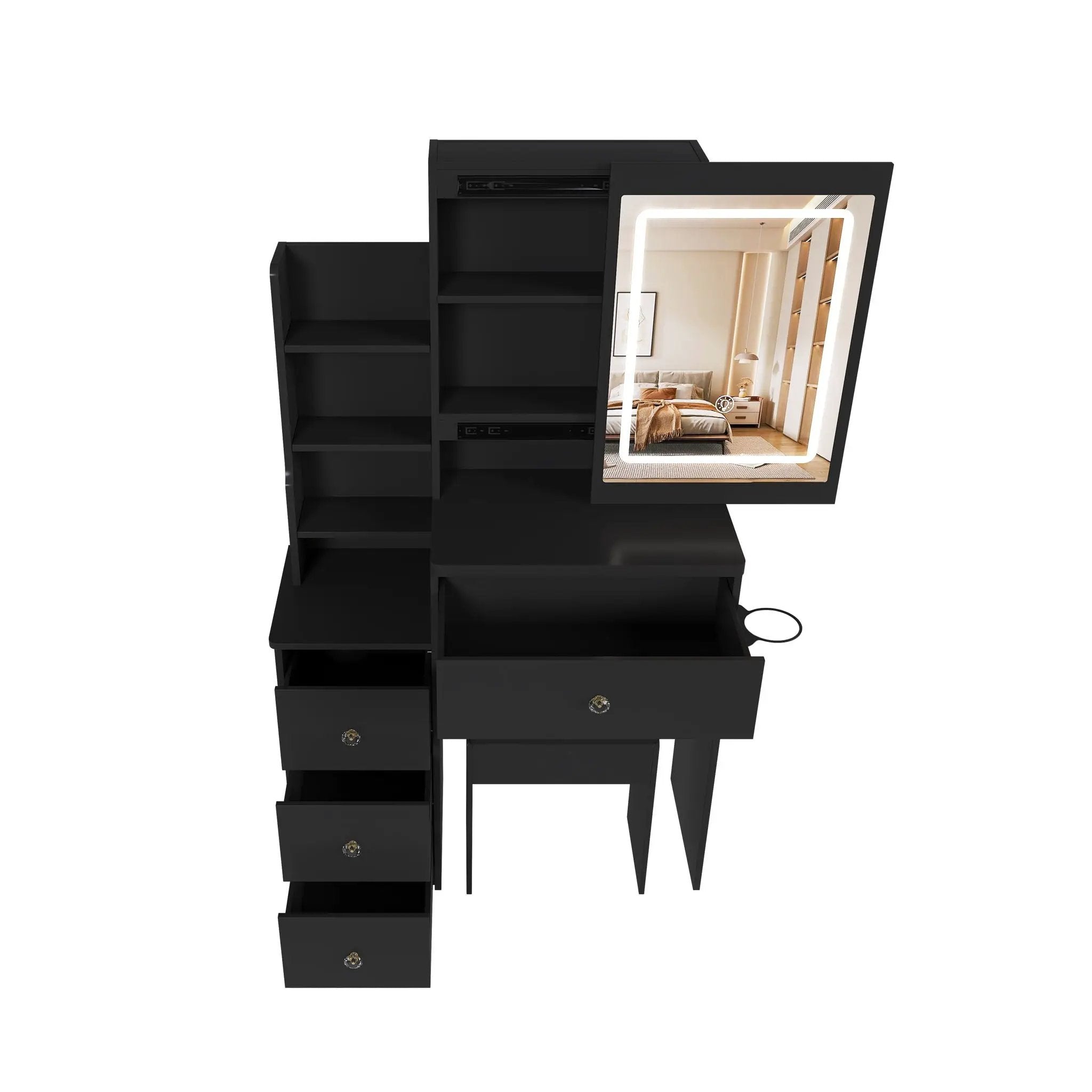 Vanity Desk With 3 LED Lighting Modes, 4 Drawers, Open Shelves, Hair Dryer Holder & Power Socket Dressing Table Set With Chair - Black by HouseOfZazla