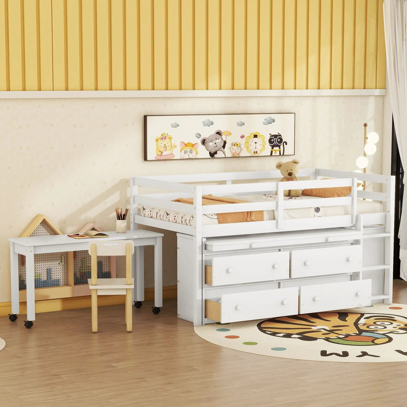 Loft Bed With Retractable Writing Desk And 4 Drawers, With Lateral Portable Desk And Shelves by Unique Piece Furniture
