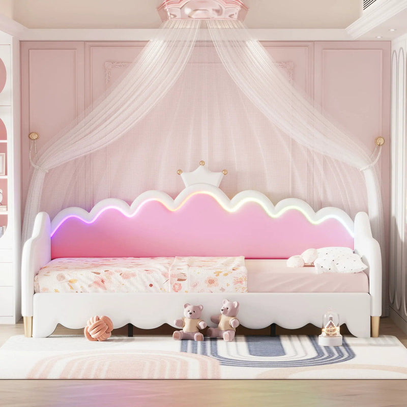 Extending Daybed With LED Lights, Modern Upholstered Princess Daybed With Crown Headboard by Unique Piece Furniture