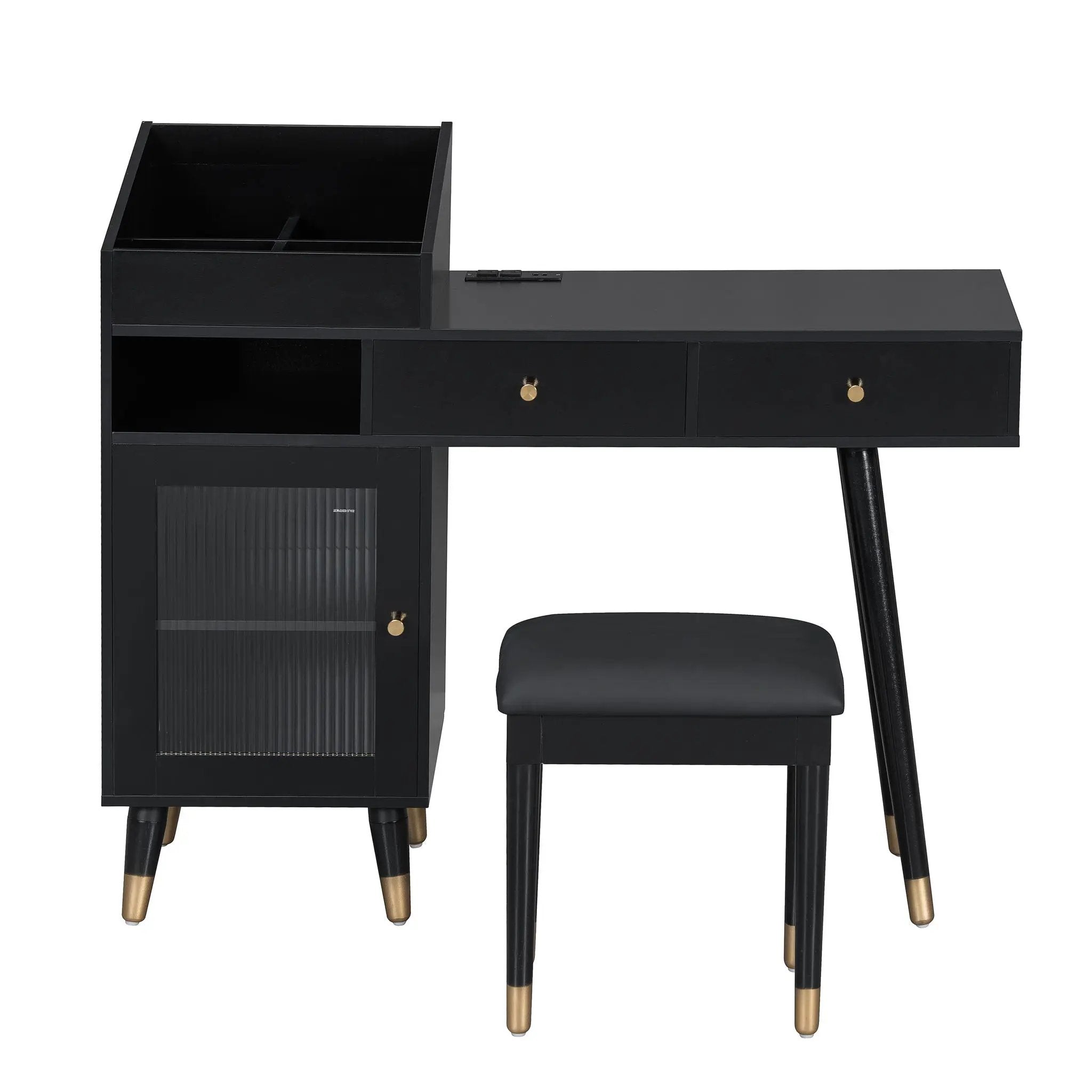 Modern Makeup Vanity Desk With Drawers Cabinet & Charging Port Engineered Wood Space Saving Design For Small Places - Black by HouseOfZazla