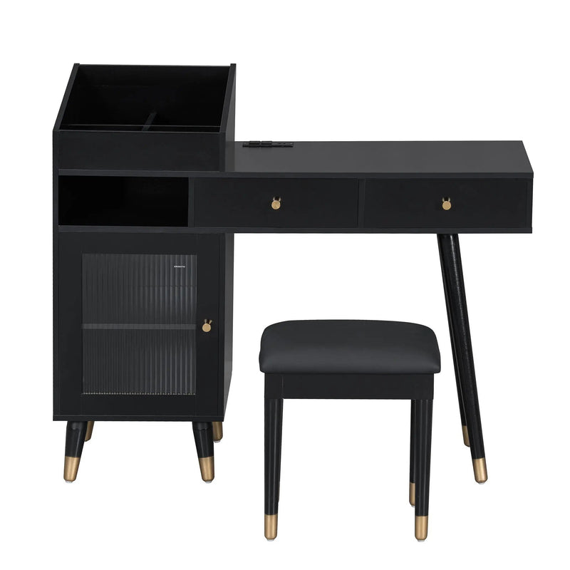 Modern Makeup Vanity Desk With Drawers Cabinet & Charging Port Engineered Wood Space Saving Design For Small Places - Black by Unique Piece Furniture
