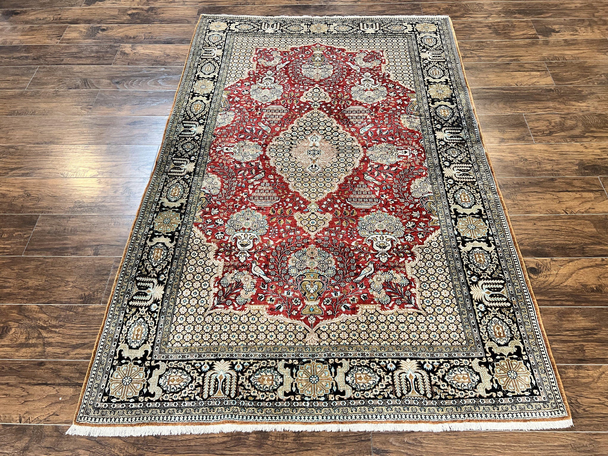 Wonderful Persian Silk Rug 5x7, Birds Floral Vases, Red, Hand Knotted Silk Fine Oriental Carpet, Handmade Vintage, Persian Qum Rug, 400 KPSI by Jewel Rugs