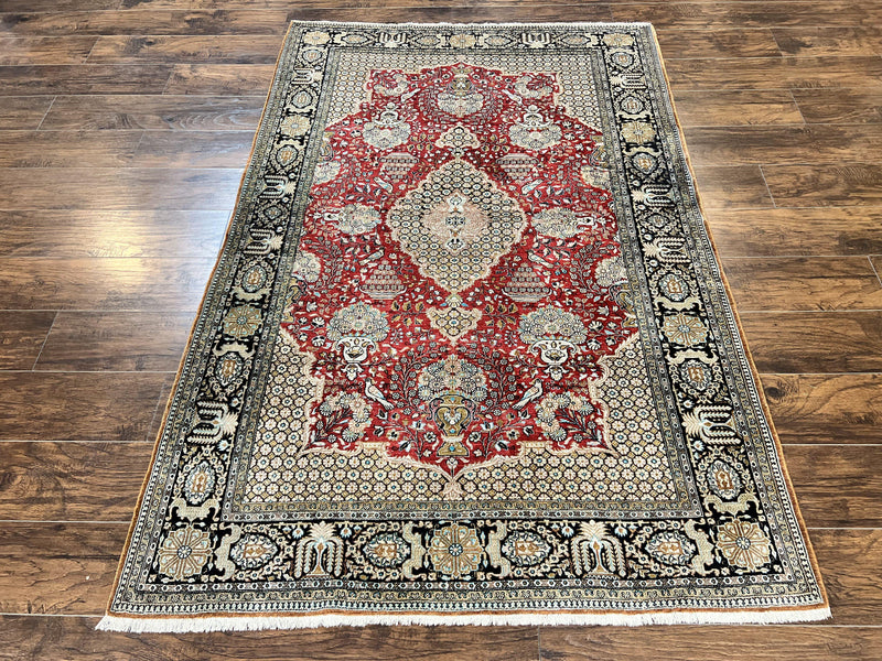 Wonderful Persian Silk Rug 5x7, Birds Floral Vases, Red, Hand Knotted Silk Fine Oriental Carpet, Handmade Vintage, Persian Qum Rug, 400 KPSI by Jewel Rugs