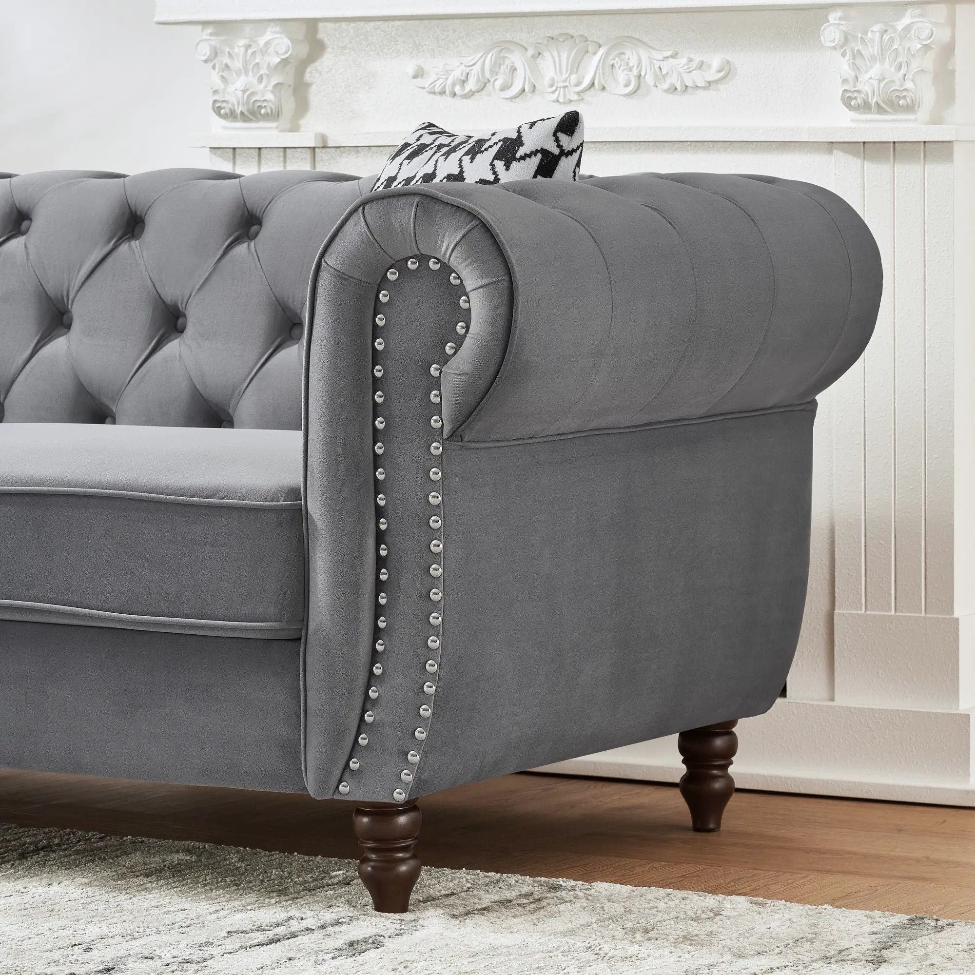 Chesterfield Upholstery Fabric Sofa With Roll Armrest & Nailhead, Mid Century Modern 3 And 3 Seater Couch by HouseOfZazla