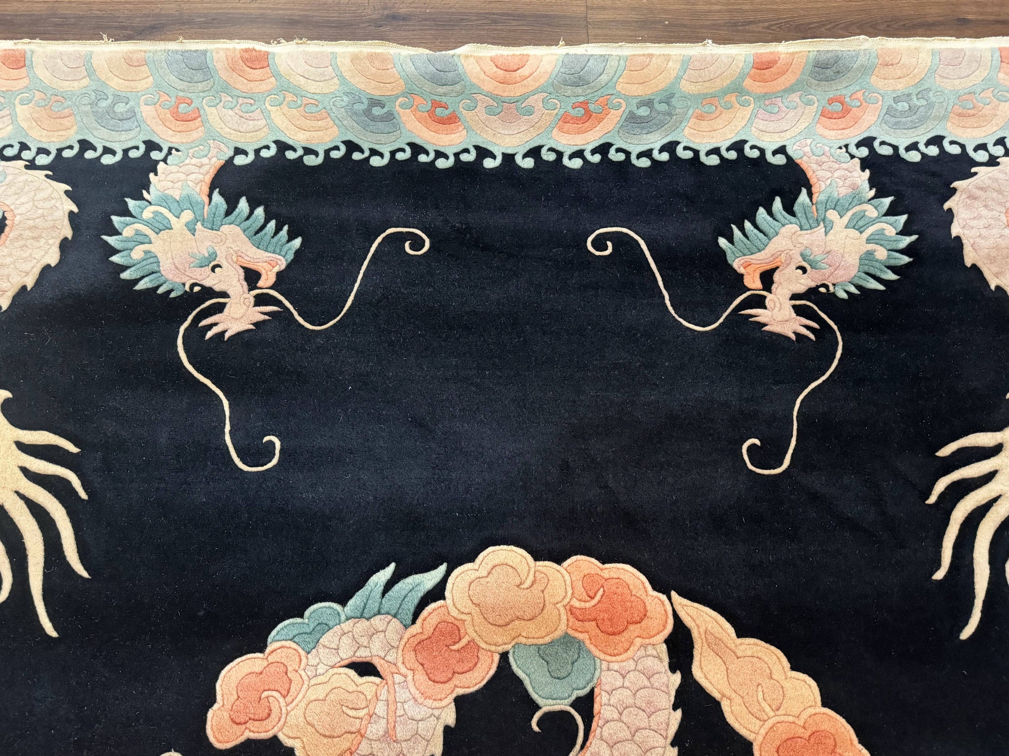 Black Chinese Wool Rug 8x10 with Dragons, Rainbow Borders, Rare by Jewel Rugs