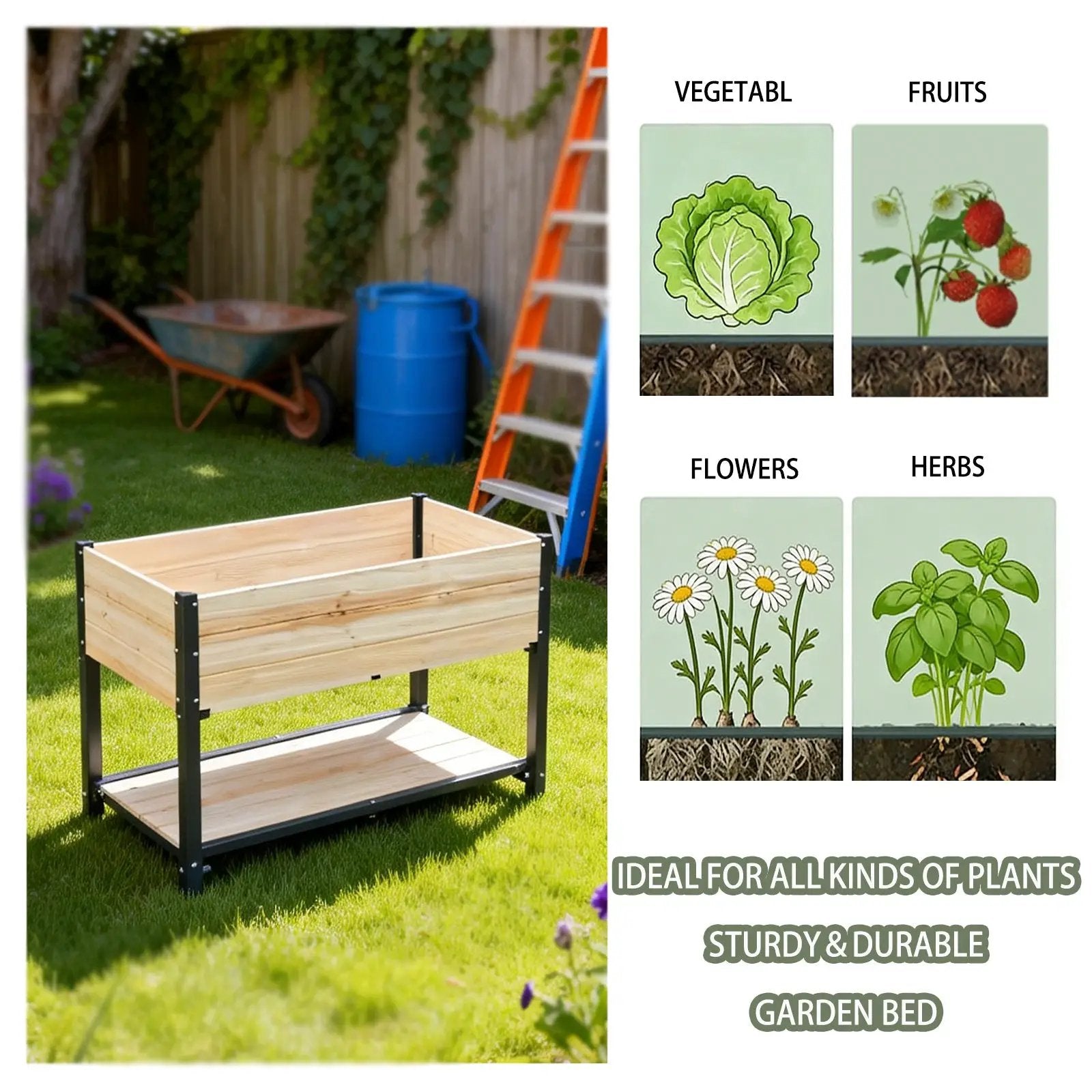 Solid Wood & Iron Frame Raised Garden Bed by HouseOfZazla