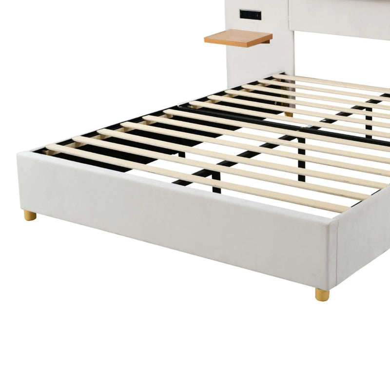 Upholstered Platform Bed, 2 Outlets And USB Charging Ports On Both Sides, 2 Bedside Pillows, Storage Shelves by HouseOfZazla