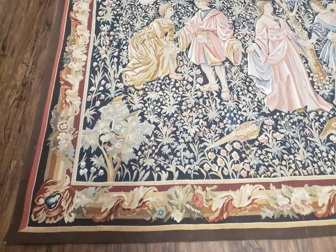 Vintage European Tapestry 5.4 x 7.11, Antique Style European Wall Hanging, Aubusson Weave Handmade Tapestry, Courtship Dating Scene, Animals by Jewel Rugs