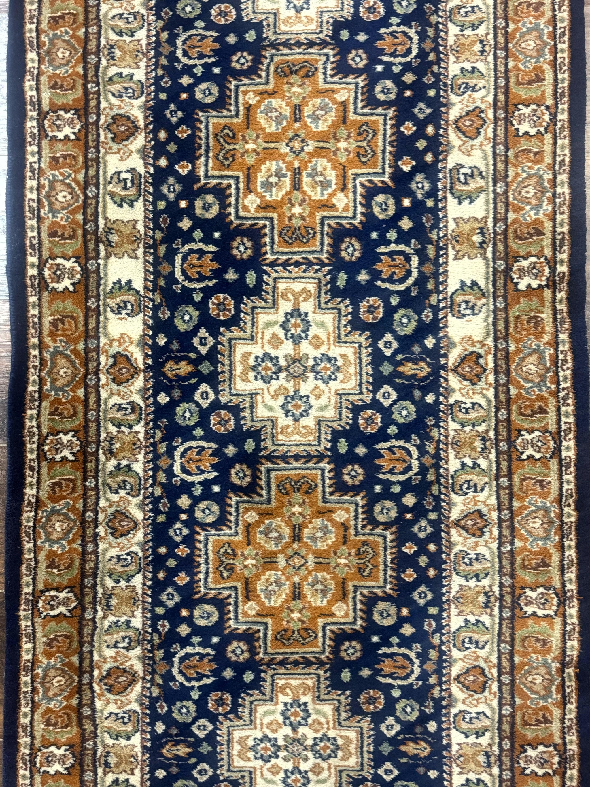 Indo Persian Runner Rug 2.6 x 12.7, Indian Kashmiri Runner for Hallway or Kitchen, Navy Blue, Geometric Medallions, Handmade Wool by Jewel Rugs