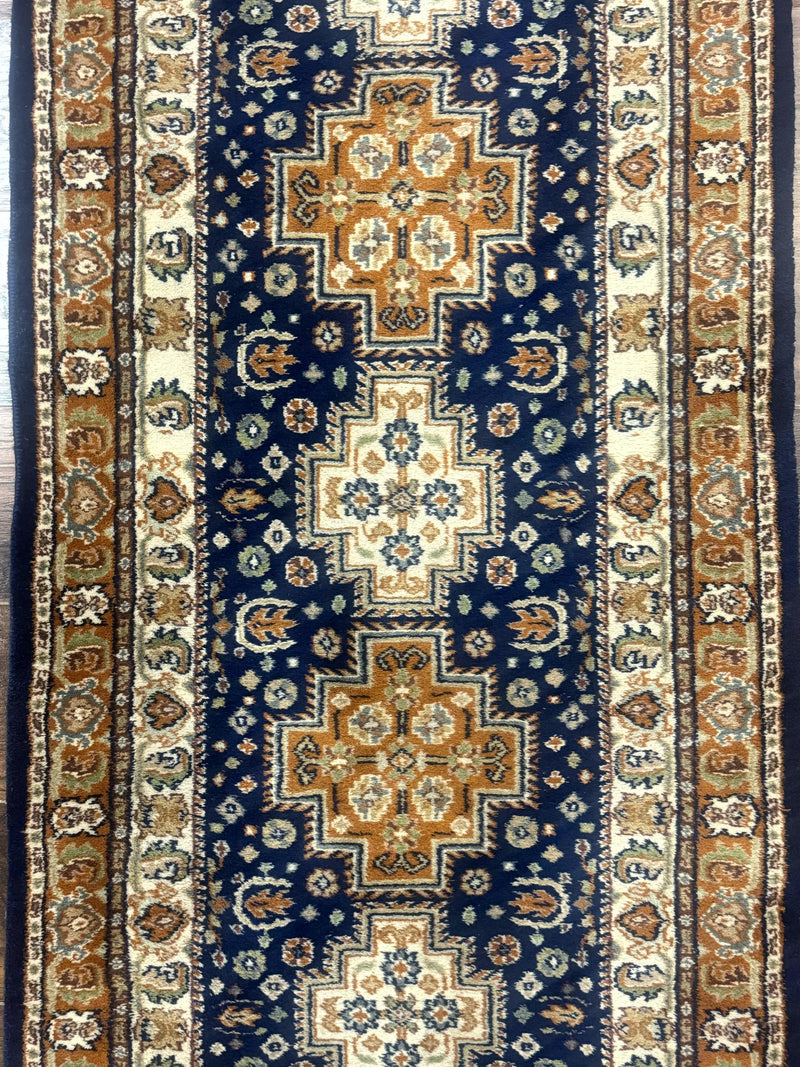 Indo Persian Runner Rug 2.6 x 12.7, Indian Kashmiri Runner for Hallway or Kitchen, Navy Blue, Geometric Medallions, Handmade Wool by Jewel Rugs