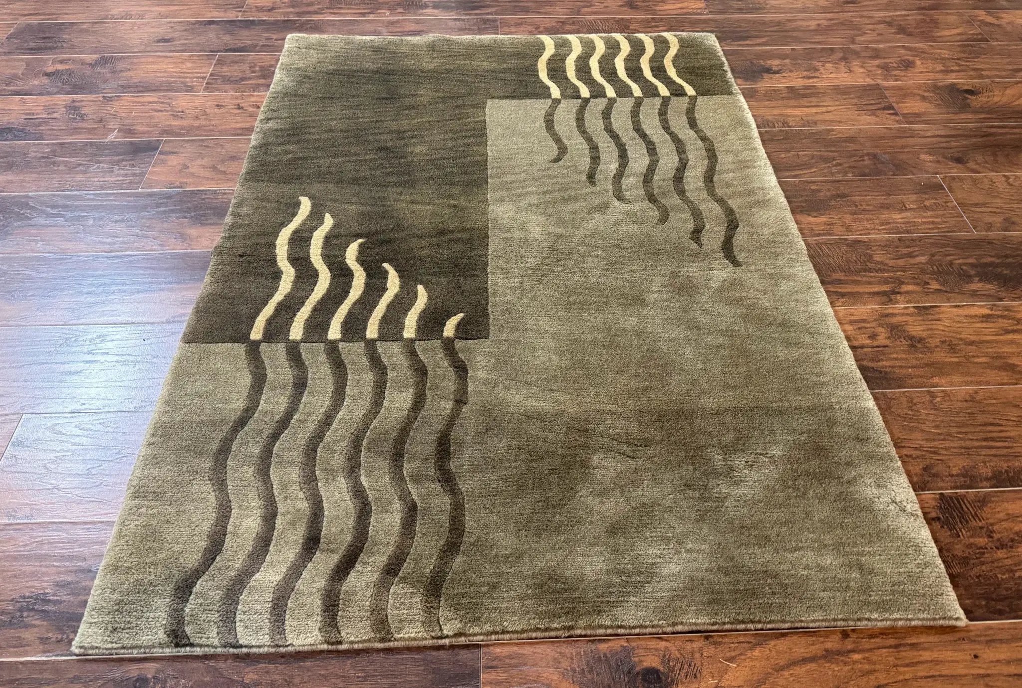 Modern Tibetan Wool Rug 3.6 x 5.6, Shades of Green, Abstract Design by Jewel Rugs