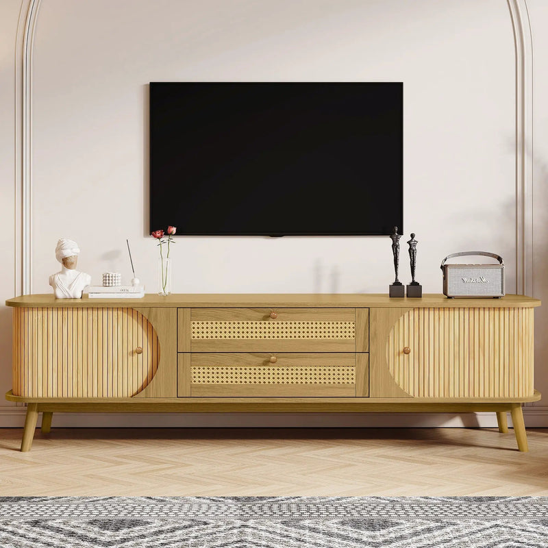 Rattan TV Stand For Tvs Up To 75'', Modern Farmhouse Media Console, Entertainment Center With Legs, TV Cabinet For Living Room, Home Theatre - Natural Wood by Unique Piece Furniture