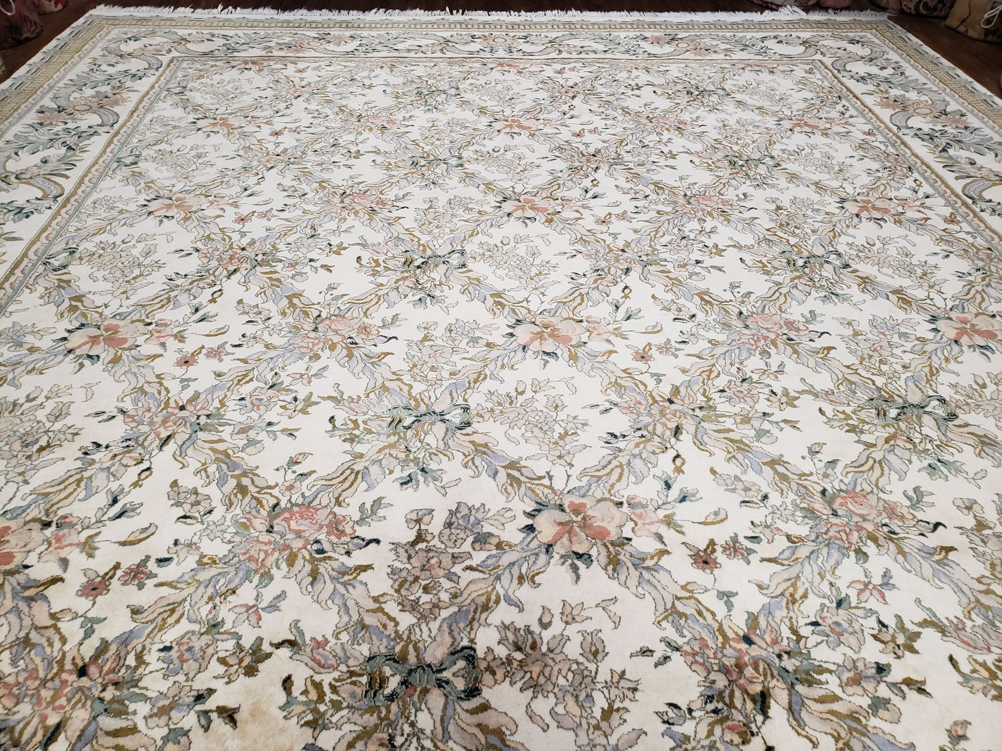Pak Persian Floral Rug 11 x 12.6, Ivory, Very Fine, Hand Knotted by Jewel Rugs