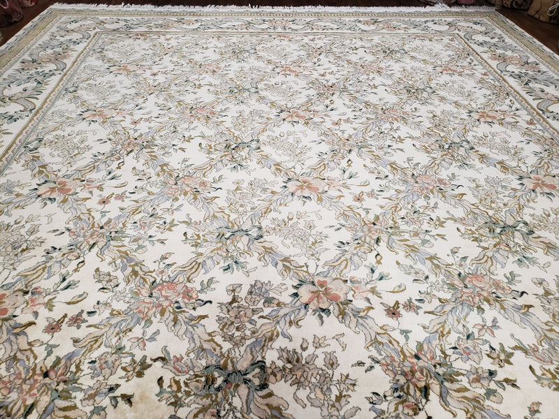 Pak Persian Floral Rug 11 x 12.6, Ivory, Very Fine, Hand Knotted by Jewel Rugs